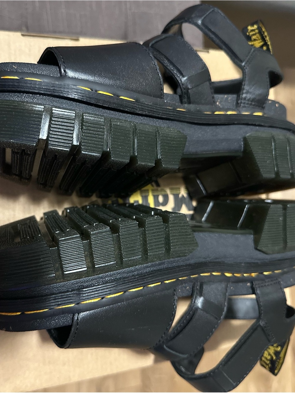 Dr. Martens Women’s Black Leather Triple-Strap Sandals with Yellow Stitching - Picture 5 of 7